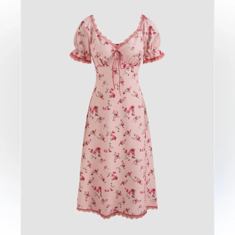 CIDER pink floral square neck knit midi dress lace trim y2k whimsical cottage